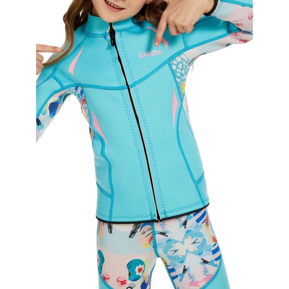 Goldfin Wetsuit Jacket Girls 10 Blue Pink Excellent Zip Front Neoprene Top